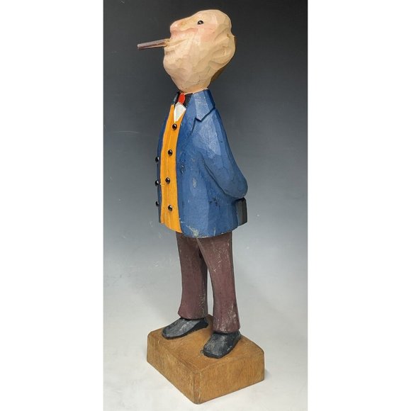 12" Vintage Hand Carved Wooden Statue Manager Businessman Wood Carving Art - Picture 7 of 10